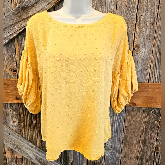 Mine Brand Blouse Puff Sleeve Textured Polka Dot Sunflower Yellow Fall Small ^^ - Picture 1 of 8